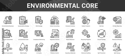ENVIRONMENTAL CORE  Icon set collection. Vector icon pack featuring thematic icons for your presentations or business.