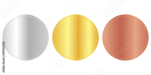 Award golden, silver and bronze blank medals 3d vector realistic illustration. First, second and third place medals or buttons isolated on white background. Quality blank, empty badge, emblem set.