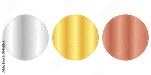 Award golden, silver and bronze blank medals 3d vector realistic illustration. First, second and third place medals or buttons isolated on white background. Quality blank, empty badge, emblem set.