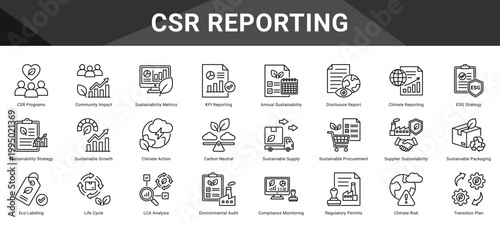 CSR REPORTING  Icon set collection. Vector icon pack featuring thematic icons for your presentations or business.