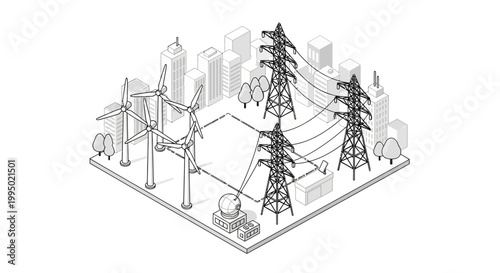 Isometric Line Art of Smart City Infrastructure with Wind Turbines and Power Grid for Sustainable Energy Concept