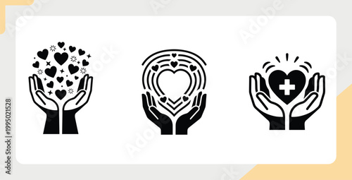 Hands holding hearts icon set love and care symbols kindness compassion