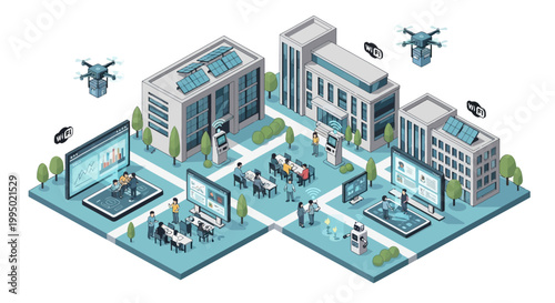 Isometric Smart Campus and Sustainable City Concept with Green Energy, Delivery Drones, Digital Connectivity, and Collaborative Workspaces for Innovative Future Technology