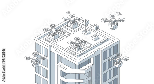 Futuristic Drone Delivery Hub on Skyscraper Rooftop, Autonomous Quadcopters Carrying Packages, Isometric Line Art Illustration for Smart City Logistics Concept