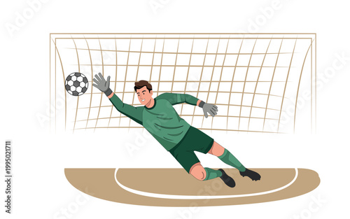 Dynamic Soccer Goalkeeper Diving Save Flat Vector Illustration