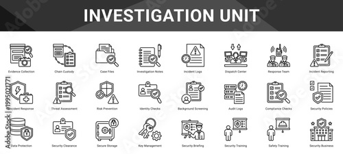 INVESTIGATION UNIT  Icon set collection. Vector icon pack featuring thematic icons for your presentations or business.
