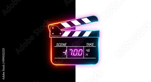 Neon clapperboard on black background.