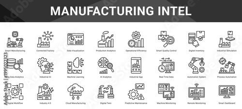MANUFACTURING INTEL  Icon set collection. Vector icon pack featuring thematic icons for your presentations or business.