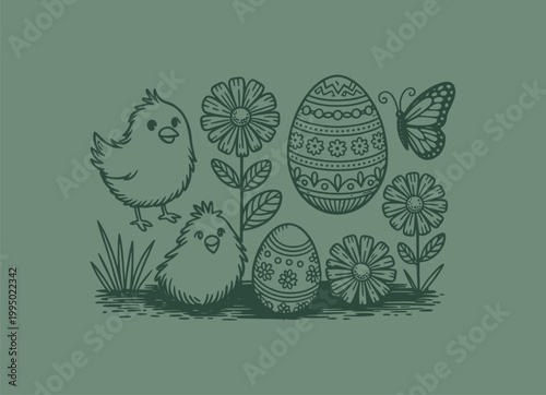 Hand-drawn easter composition with chicks flowers eggs butterfly, grass details