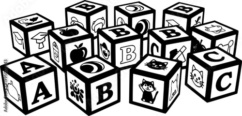 abc blocks child toy icons collection, 3d alphabet cube render illustrations for preschool learning, early childhood education, playful teaching tools, learning activities, and educational vector.