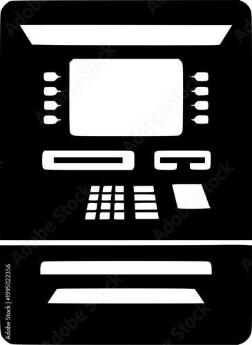 Simple black silhouette of an ATM machine vector icon on white background. Ideal for finance platforms, fintech solutions, and user Fintech vector silhouette illustration isolated on white background 