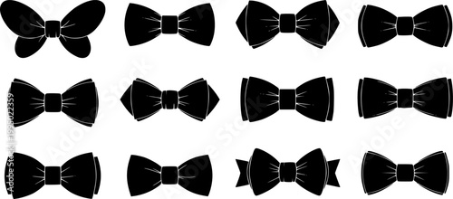Set of black bow tie vector silhouettes, isolated on white background, for formal wear design, fashion templates, clothing icons, party and event graphics, and professional vector illustrations.