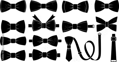 Set of black bow tie vector silhouettes, isolated on white background, for formal wear design, fashion templates, clothing icons, party and event graphics, and professional vector illustrations.