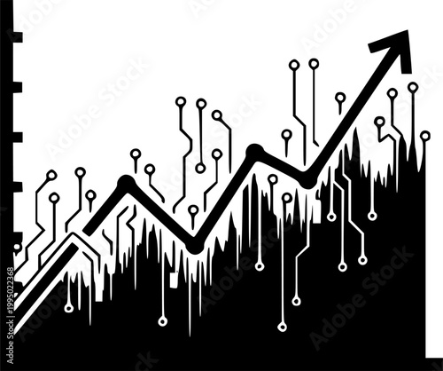 A flat black vector silhouette icon of a stock graph merging with a circuit pattern on a white background. Fintech vector silhouette illustration isolated on white background 
