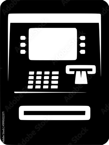 Simple black silhouette of an ATM machine vector icon on white background. Ideal for finance platforms, fintech solutions, and user Fintech vector silhouette illustration isolated on white background 