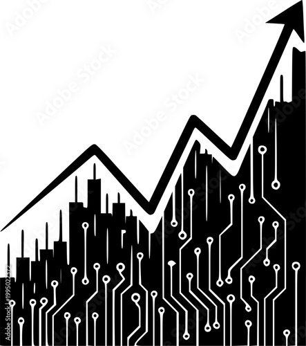 A flat black vector silhouette icon of a stock graph merging with a circuit pattern on a white background. Fintech vector silhouette illustration isolated on white background 
