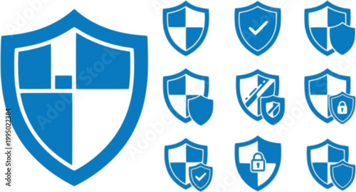 Blue vector isolated shield icons set, privacy safety shield icons on white background, top ranked secure safety shield silhouettes Fintech vector silhouette illustration isolated on white background 