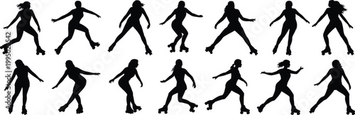 Collection of black silhouettes of women roller skating in various dynamic poses woman female roller skates