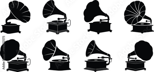 Collection of eight black silhouette vintage gramophones and phonographs on white background antique