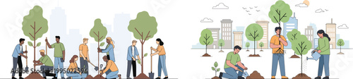 Eco-friendly community volunteers planting trees in urban park, diverse people reforestation project, sustainable green city environment vector set