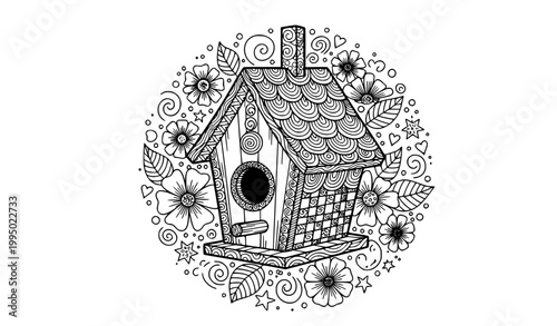 SEO Title
Decorative bird house coloring page zentangle doodle art therapy outline illustration printable