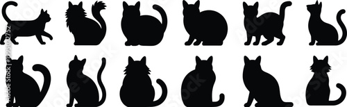 Collection of black cat silhouettes in various poses and styles animal
