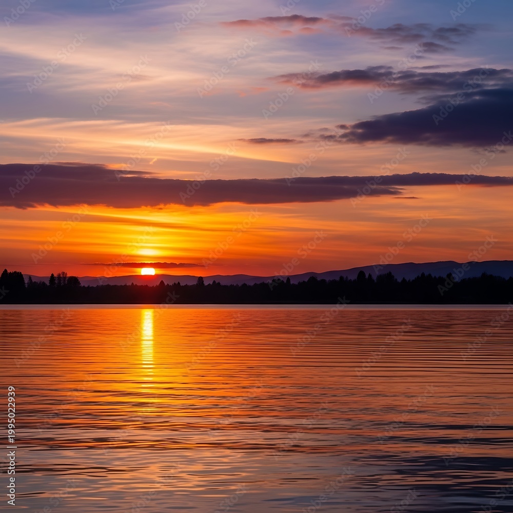 Fototapeta premium Sunset over the lake with vibrant colors and reflections, peaceful scenery.
