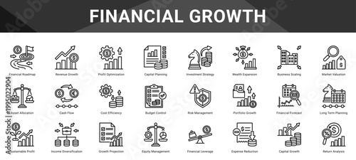 FINANCIAL GROWTH  Icon set collection. Vector icon pack featuring thematic icons for your presentations or business.