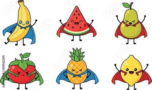 Large Kawaii Fruit Superhero Collection Featuring Cute Banana Watermelon Pear Tomato Pineapple and Lemon Mascot Characters in Capes for Healthy Food Nutrition and Kids Graphics