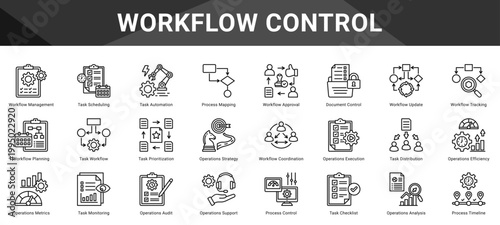 WORKFLOW CONTROL  Icon set collection. Vector icon pack featuring thematic icons for your presentations or business.