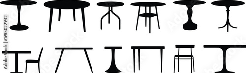 Collection of black silhouette tables and chairs on white background