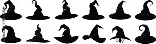 Collection of black silhouette witch hats with varied shapes and one spider halloween costume