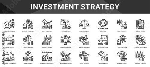 INVESTMENT STRATEGY  Icon set collection. Vector icon pack featuring thematic icons for your presentations or business.