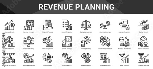 REVENUE PLANNING  Icon set collection. Vector icon pack featuring thematic icons for your presentations or business.