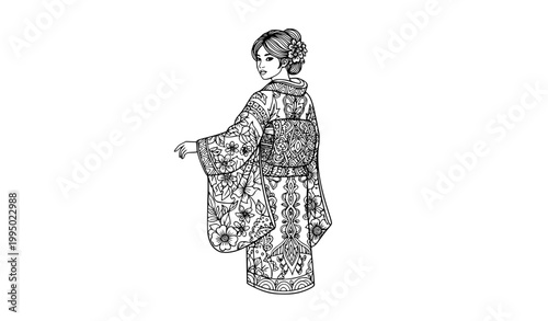 SEO Title
Traditional kimono girl coloring page zentangle art therapy illustration Japanese outline vector