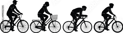 Cyclists riding bicycles silhouette set active people biking outdoor sport fitness transportation black vector illustration collection