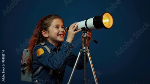 Young girl dressed as astronaut looks through telescope. Childhood dream of space exploration and science. Future astronomer studying stars on blue background