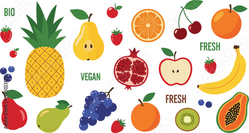 Fresh organic fruits collection with pineapple banana apple grapes berries and citrus healthy vegan food vector illustration set
