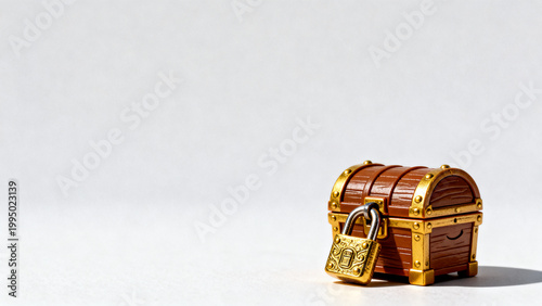 Miniature Wooden Treasure Chest with Golden Lock on White Background Copy Space
