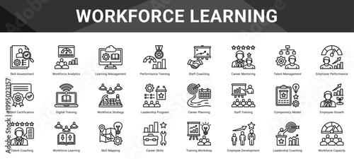WORKFORCE LEARNING  Icon set collection. Vector icon pack featuring thematic icons for your presentations or business.