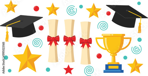 Graduation celebration set with diploma certificates caps stars trophy education achievement cartoon vector illustration collection