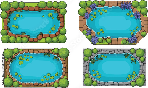 Top view pond set with water lily plants stones and greenery natural garden lake cartoon vector illustration collection