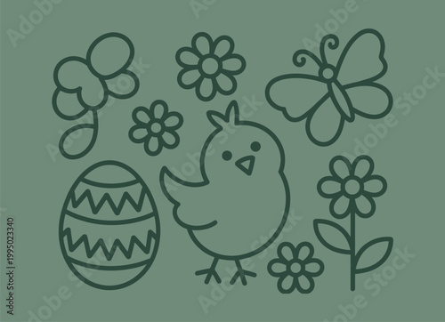 Outline illustration of easter elements: chick egg flowers butterfly