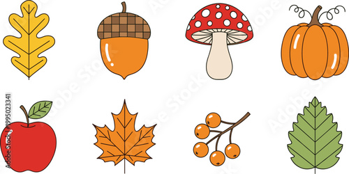 Autumn elements set with leaves acorn mushroom pumpkin apple berries and seasonal nature icons vector illustration