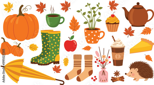 Autumn fall season vector set with pumpkin leaves boots umbrella coffee cup pie hedgehog cozy elements illustration collection