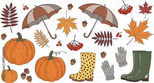 Autumn fall elements set with pumpkins umbrellas boots gloves leaves berries cozy seasonal cartoon vector illustration collection