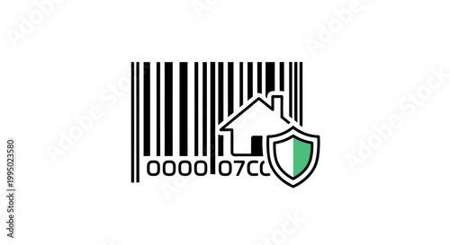 Barcode with house and shield logo.