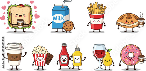 Large Set of Nine Cute Kawaii Food Pair Illustrations Featuring Best Friend Characters Like Sandwich and Coffee Milk and Cookie or Ketchup and Mustard for Valentine's Day and Friendship Graphic Design