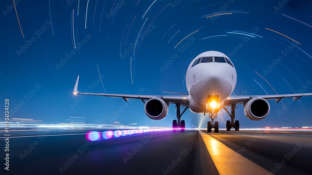 Fototapeta premium Passenger airplane on runway at night under star trail sky