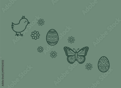 Easter chick butterfly decorated eggs scattered on green background